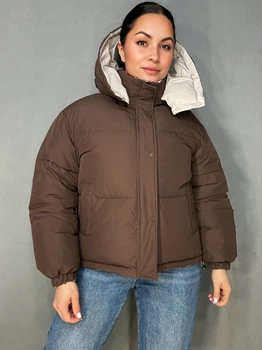 Куртка жіноча Fashions 87257 двостороння пуффер з капюшоном L коричнева з бежевим