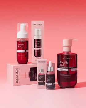 Набір для догляду за обличчям пінка для вмивання + кислотна пілінг-сироватка для обличчя +відлущувальний гель для очищення тіла з гліколевою кислотою й екстрактом кленового соку HOLLYSKIN Glycolic Acid (150 мл+30 мл+500мл) Hollyskin