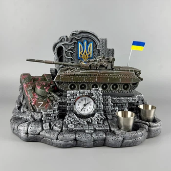 Подарункові штофи з годинником і танком "Т-80" | Металева фляга 300 мл + стопки PA_1089_1