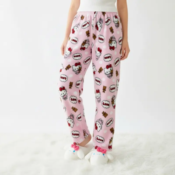 Штани піжамні плюшеві Hello Kitty рожевого кольору, теплі домашні штани Хеллоу Кітті, M-L