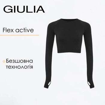 Женский кроп-лонгслив с акцентными митенками Giulia FLEX LONGSLEEVE ACTIVE L/XL Black, спортивный кроп топ из микрофибры