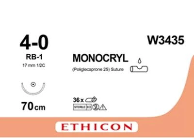 Монокріл Ethicon фіолетовий 70 см M1.5 USP4/0 одна голка RB-1 Тип колюча Taper Point 17 мм 1/2 кола (W3435)