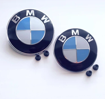 Комплект емблем BMW 82 мм, 74 мм, 2шт. на Капот + Багажник зі втулками, G20 G21 G30 G31 Г20 Г21 Г30 Г31, (8132375), значок Кузов G, Біло-Синій
