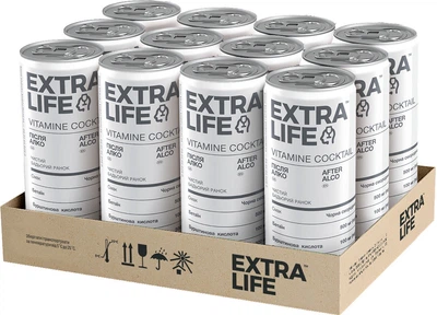 Упаковка безалкогольного напитка Extra Life После Алко с аминокислотами Сильногазированный 250 мл х 12 шт (4820252125735_1)