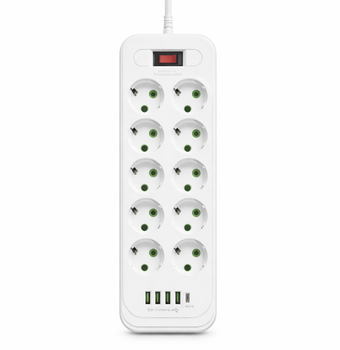 Подовжувач мережевий фільтр 5м. на 10 розеток + 4 USB + 1 Type-C Хаб Power Filtr M-1226 White