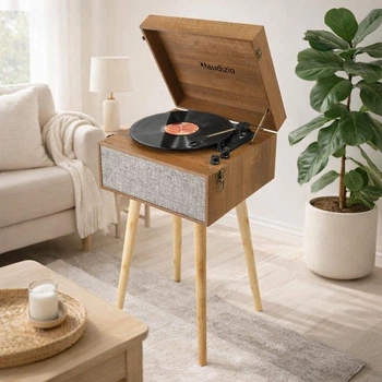 Вініловий програвач Audizio Fremont Wood на ніжках, Bluetooth IN/OUT, вбудовані динаміки, фонокоректор і підсилювач, ретро програвач платівок у дерев’яному корпусі, музичний центр для дому