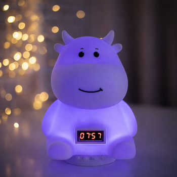 Детский аккумуляторный ночник Коровка с Bluetooth колонкой часами и RGB подсветкой силиконовый