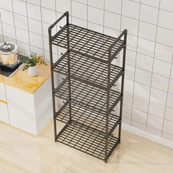 Полка этажерка на 5 ярусов, для кухни, ванной или гостиной TVT-04 147х50.5х27 см, с крючками, металлическая, черная