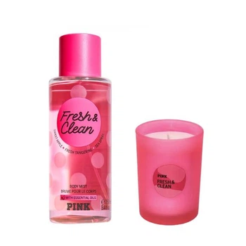 Набор: парфюмированный спрей Victoria's Secret Pink Body Mist fresh & clean и ароматизированная свеча 180г