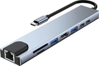 USB-хаб Dynamode 8-в-1 USB-Type-C to HDTV 4K/30Hz, RJ45, 1хUSB3.0, 1хUSB2.0, 1хUSB Type-C PD 100W Female, SD/MicroSD (BYL-2017L)
