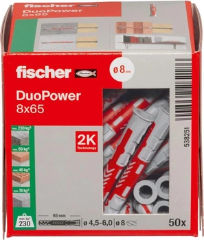 Kołek rozporowy Fischer DuoPower 8 x 65 mm 50 szt. 538251 (4048962262186)