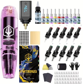 Тату набір POSEIDON Rotary Tattoo Pen Kit з блоком живлення та картриджами, Тату машинка POSEIDON