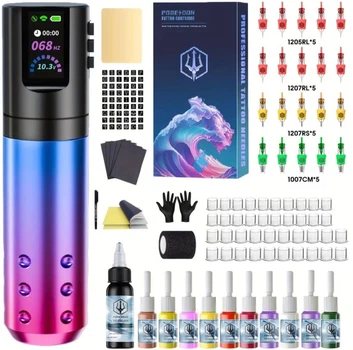 Тату машинка POSEIDON Wireless Pen з дисплеєм + стартовий набір (картриджі, фарби, аксесуари) Тату набір для новачків і професіоналів