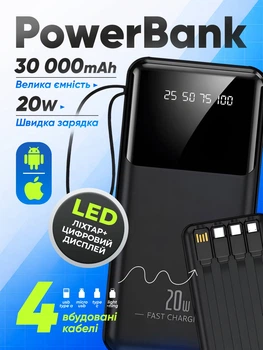 Повербанк умб 30000 mah 20w зі швидкою зарядкою та вбудованими кабелями type c lightning micro usb Thatti power bank wxj-021 павербанк для роутера телефону пристроїв powerbank зовнішній портативний акумулятор повербанки великої ємності чорний