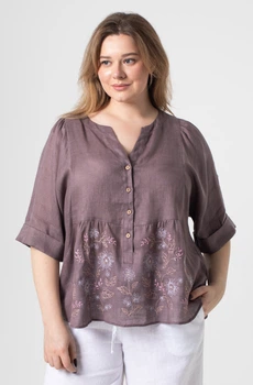 Вільна жіноча блуза з тонкого льону з квітковою вишивкою велика (Plus size) Раїса. Коричневий, р.48, код 9496/48/1463