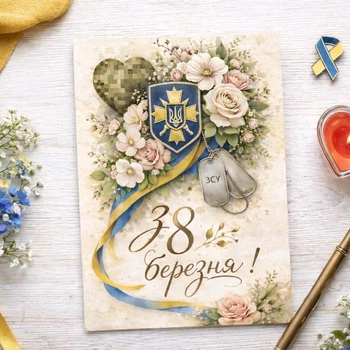 Открытка на 8 марта для защитниц Украины "Военный жетон ВСУ", с ламинацией, 10х15 см.
