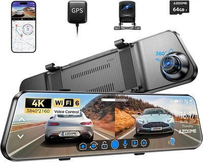 Відеореєстратор-дзеркало AZDOME PG17 (4K + 1080P), 12" Сенсорний, GPS, Voice Control