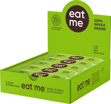Упаковка батончиків EatMe З родзинками яблуком арахісом і злаками в чорній кондитерській глазурі 40 г х 15 шт. (4820097899907)