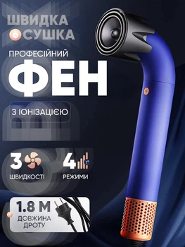 Професійний фен для волосся Hair Dryer + насадка, 1600 Вт синій ( Supersonic HD18 )