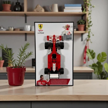 Арт Держатель Рамка 50x30 см. на Стену для Конструктора LEGO Icons Ferrari F2004 и Michael Schumacher (11375) / Михаэль Шумахер с дополнительным креплением для мини-фигурки / White Design