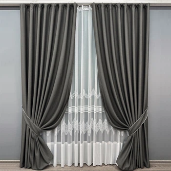 Комплект штор VR-Textil рогожка преміум TERRA LUXE 200х270 2шт і Тюль 500х270 1857ш-1704т Графітовий з білим 71-111/6