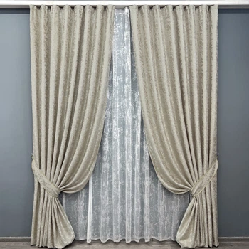 Комплект штор VR-Textil Льон Мармур 100х270 2шт і Тюль 400х270 1272ш-1400т Теплий бежевий з білим 71-135/2