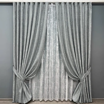 Комплект штор VR-Textil Лен Мрамор 150х270 2шт и Тюль 500х270 1911ш-1400т Светло-серый с белым 71-139/4