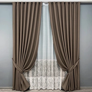 Комплект штор VR-Textil рогожка преміум TERRA LUXE 150х270 2шт і Тюль 400х270 1860ш-1668т Какао з білим 71-115/3