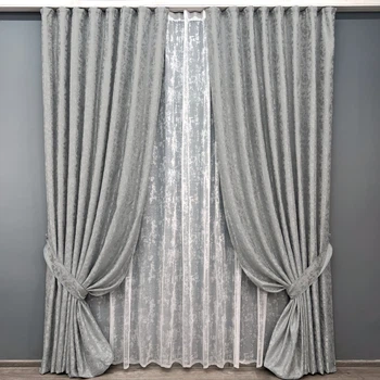 Комплект штор VR-Textil Льон Мармур 150х270 2шт і Тюль 600х270 1263ш-1400т Світло-сірий з білим 71-133/5