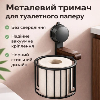Металлический держатель для туалетной бумаги с вакуумным креплением, без сверления, чёрный (10820)