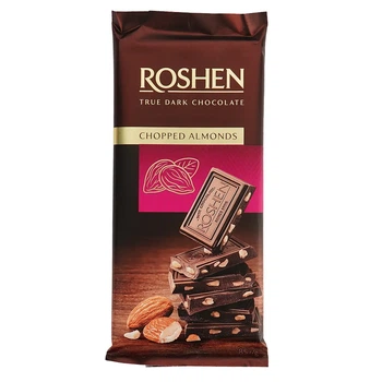 Упаковка шоколаду Roshen чорний з підсоленим подрібненим мигдалем 85 г х 12 шт