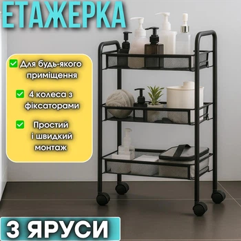 Полиця органайзер етажерка на колесах пересувна на 3 полиці підлоговий металевий стелаж для кухні будинку і ванної кімнати мобільна металева полиця LOFT Ruhhy 24749 65×25×44 см