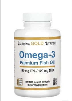 Омега 3 Omega - 3 California Gold Nutrition Premium Fish Oil Омега-3 рыбий жир премиального качества, 100 капсул из рыбьего желатина
