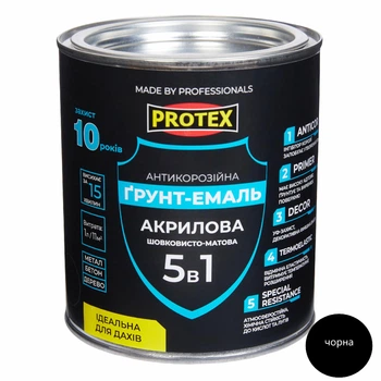 Грунт-емаль 5в1 акрилова ОР антикорозійна PROTEX RAL 9011 чорна 0.7кг 580 мл