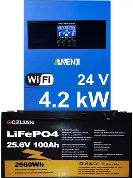 Комплект гибридный солнечный тихий инвертор 4,2 KW ANENJI 24 V/220 V MPPT + Wi Fi + LiFePo4 24V 100aH 2560Wh аккумулятор с BMS