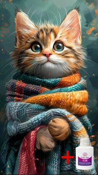 Алмазная мозаика на подрамнике ColorArt 30x50 Котик в шарфике + голограммные алмазики TPP909 + Подарок лак для покрытия