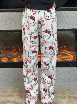 Плюшевые пижамные брюки Hello Kitty в белом цвете — Теплые женские домашние брюки из флиса, белые брюки для сна и отдыха в стиле Y2K S