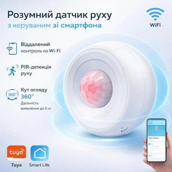 Датчик руху Tuya WiFi інфрачервоний детектор присутності 360° бездротовий міні сенсор руху індикатор PIR зі сповіщенням на телефон