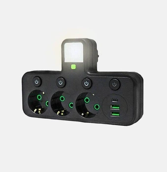 Розетка трійник із вимикачем і нічник QS-432 10A 3 розетки 2-USB 1-Type-C