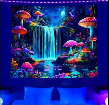 Гобелен с водопадом и грибами 149×129,гобелен флуоресцентный,гобелен на стену светит в ультрафиолете,яркий