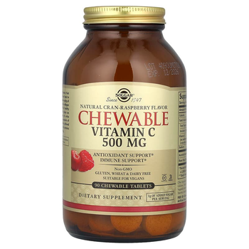 Жевательный витамин С, SOLGAR "Chewable Vitamin C" с малиново-клюквенным вкусом, 500 мг (90 жевательных таблеток)