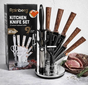 Набір кухонних ножів Rainberg RB-2323 з нержавіючої сталі з підставкою, 9 предметів Коричневий