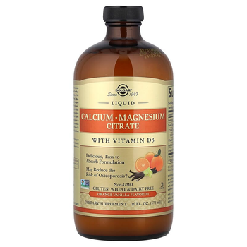Цитрат кальцію, магнію + D3, SOLGAR "Liquid Calcium Magnesium Citrate with D3" смак апельсин і ваніль (473 мл)