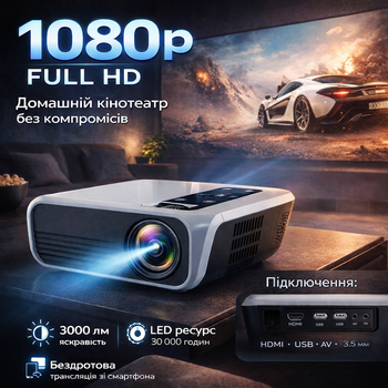 Проектор мультимедийный домашний кинотеатр TouYinger T8 WIFI HDMI USB 1080p Full HD мощный LED 3000 люмен беспроводной умный с Android Airplay Miracast для телефона смартфона ПК приставки флешки встроенные динамики долговечная лампа для дома