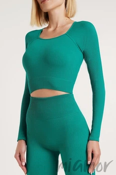Tоп-лонгслив в рубчик с длинным рукавом Giulia CROP TOP RIB EMERALD One Size Бирюзовый
