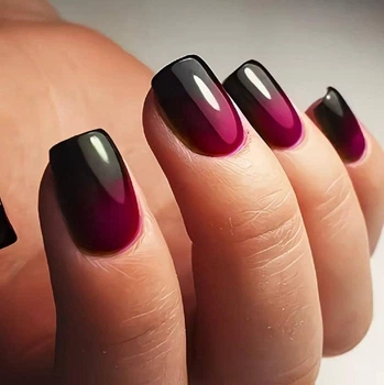 Накладные ногти Nail вишнево-чёрное омбре, форма мягкий квадрат, короткие, 24 шт.