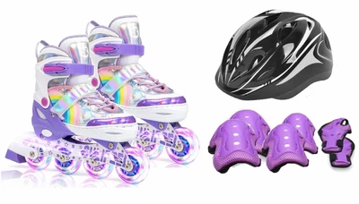 Набор роликовые коньки раздвижные Inline Skates PU свет размер 27-30 стелька 17-20 см с шлемом и защитой Violet/Black (463564587)