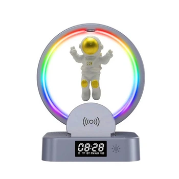 Ночник Космонавт с беспроводной зарядкой + RGB Колонка, Будильник Gray