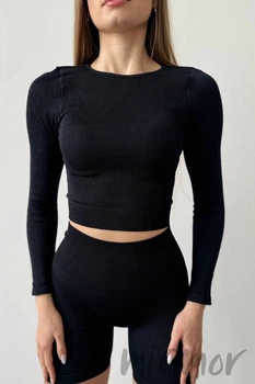 Кроп-топ в рубчик з довгими рукавами INSECRET CROP TOP RIBBED BLACK S/M Чорний