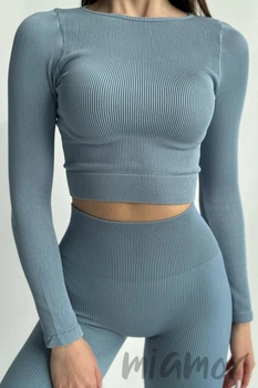 Кроп-топ в рубчик з довгими рукавами INSECRET CROP TOP RIBBED FADED DENIM L/XL Сіро-блакитний